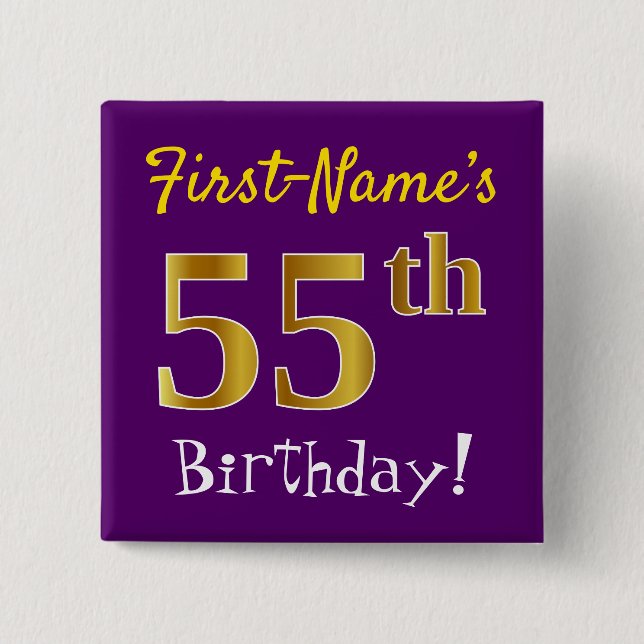 Purple, Faux Gold 55th Birthday, With Custom Name 2 Inch Square Button (Front)