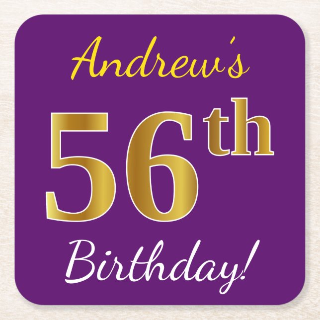 Purple, Faux Gold 56th Birthday + Custom Name Square Paper Coaster (Front)
