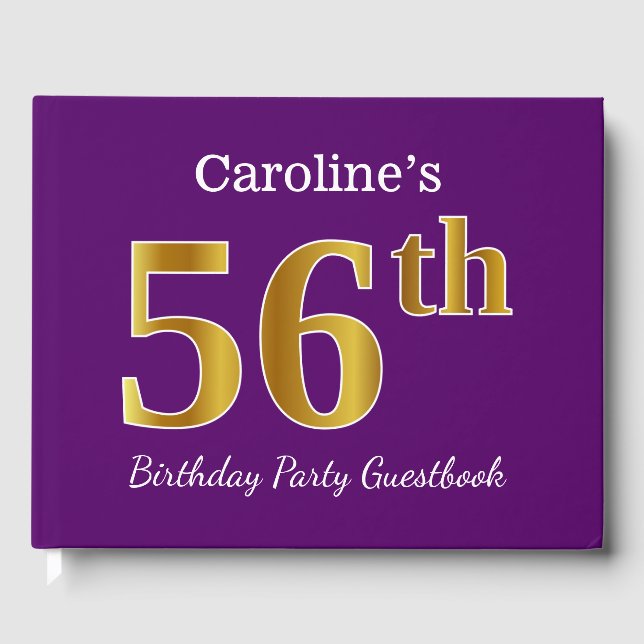 Purple, Faux Gold 56th Birthday Party; Custom Name Guest Book (Front)