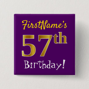 Purple, Faux Gold 57th Birthday, With Custom Name 2 Inch Square Button