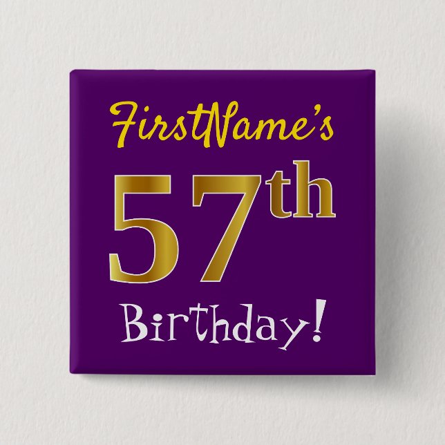 Purple, Faux Gold 57th Birthday, With Custom Name 2 Inch Square Button (Front)