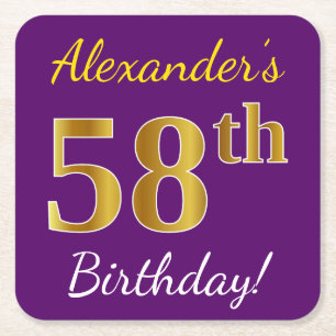 Purple, Faux Gold 58th Birthday + Custom Name Square Paper Coaster