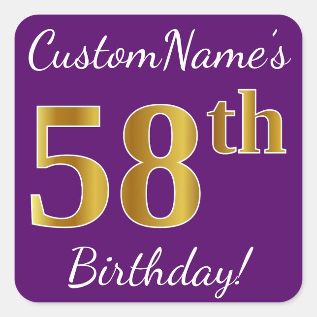 Purple, Faux Gold 58th Birthday + Custom Name Square Sticker (Front)