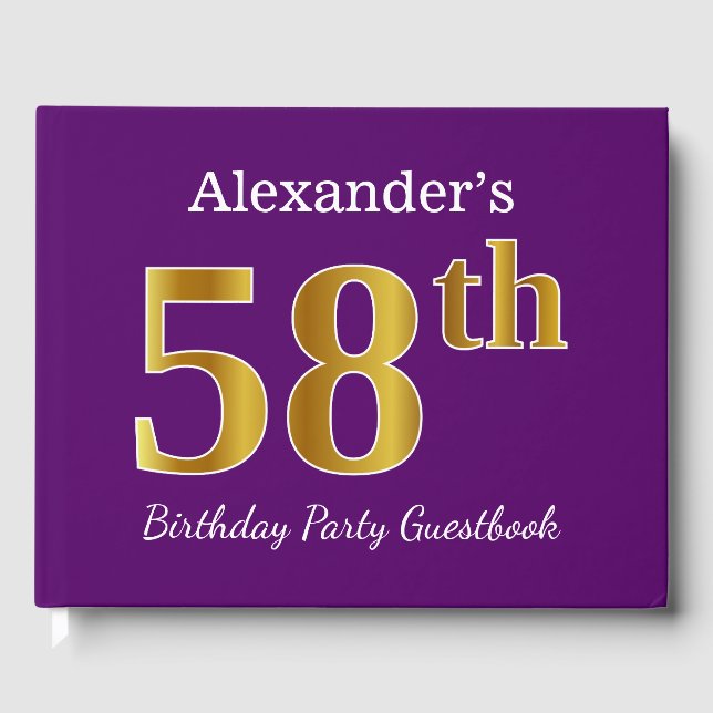 Purple, Faux Gold 58th Birthday Party; Custom Name Guest Book (Front)