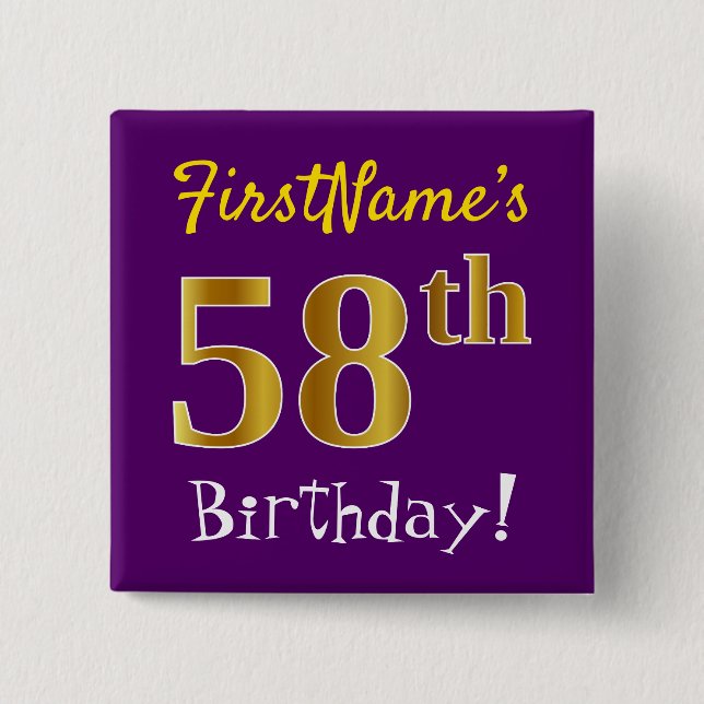 Purple, Faux Gold 58th Birthday, With Custom Name 2 Inch Square Button (Front)