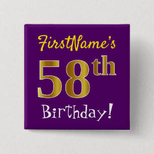 Purple, Faux Gold 58th Birthday, With Custom Name 2 Inch Square Button