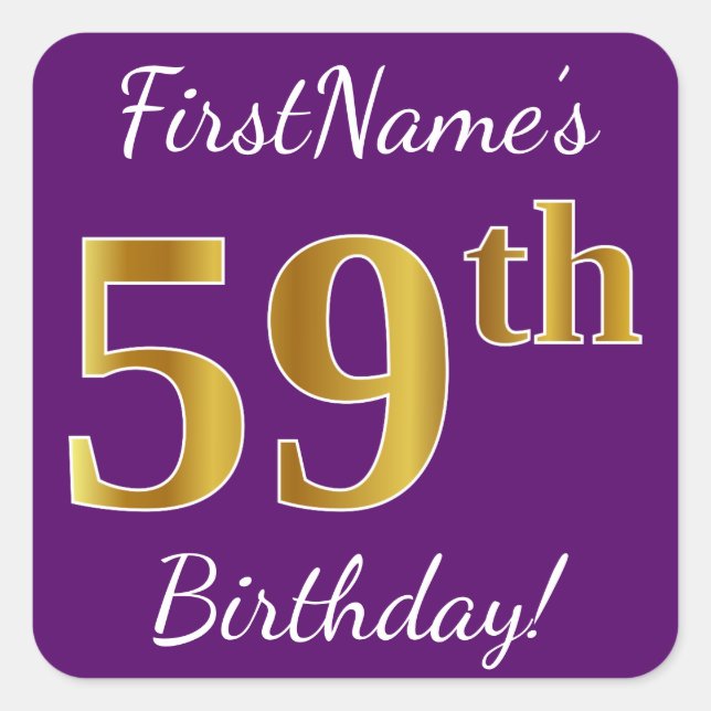 Purple, Faux Gold 59th Birthday + Custom Name Square Sticker (Front)