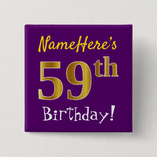 Purple, Faux Gold 59th Birthday, With Custom Name 2 Inch Square Button