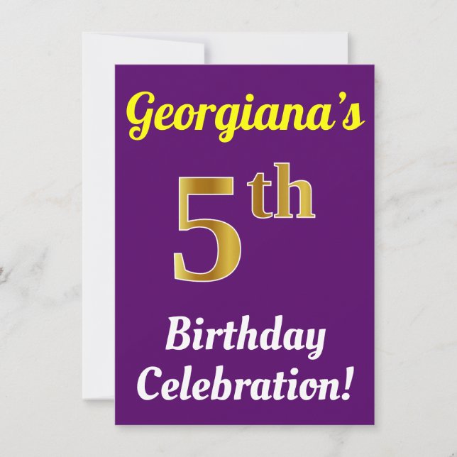 Purple, Faux Gold 5th Birthday Celebration + Name Invitation (Front)