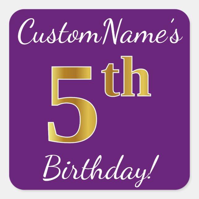 Purple, Faux Gold 5th Birthday + Custom Name Square Sticker (Front)
