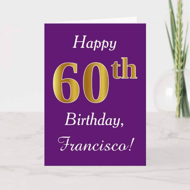 Purple, Faux Gold 60th Birthday + Custom Name Card (Front)