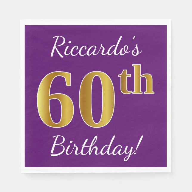 Purple, Faux Gold 60th Birthday + Custom Name Napkin (Front)