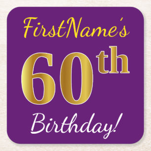 Purple, Faux Gold 60th Birthday + Custom Name Square Paper Coaster