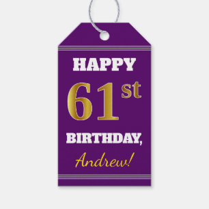 Purple, Faux Gold 61st Birthday + Custom Name Gift Tags