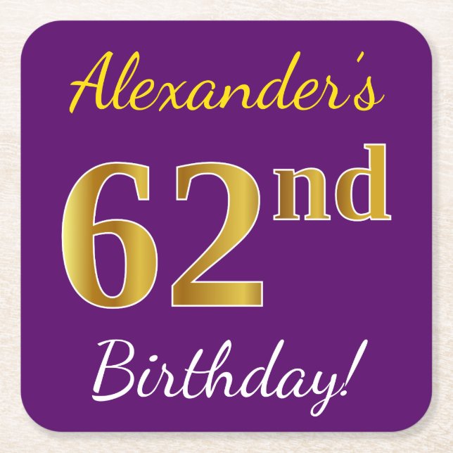 Purple, Faux Gold 62nd Birthday + Custom Name Square Paper Coaster (Front)