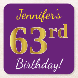 Purple, Faux Gold 63rd Birthday + Custom Name Square Paper Coaster