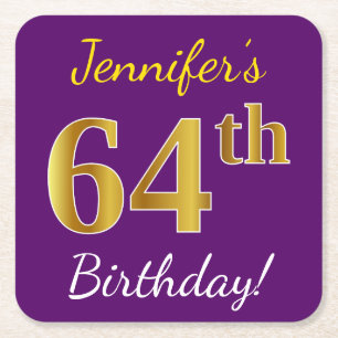 Purple, Faux Gold 64th Birthday + Custom Name Square Paper Coaster