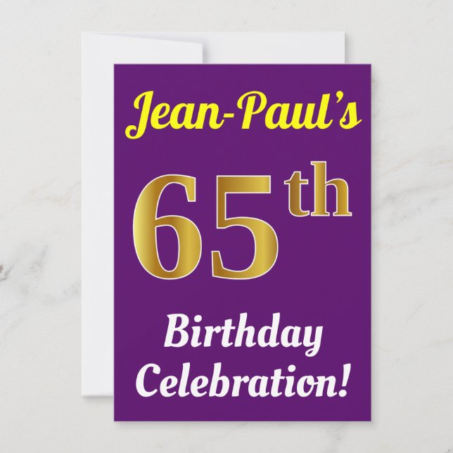 Purple, Faux Gold 65th Birthday Celebration + Name Invitation (Front)
