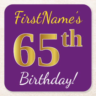 Purple, Faux Gold 65th Birthday + Custom Name Square Paper Coaster