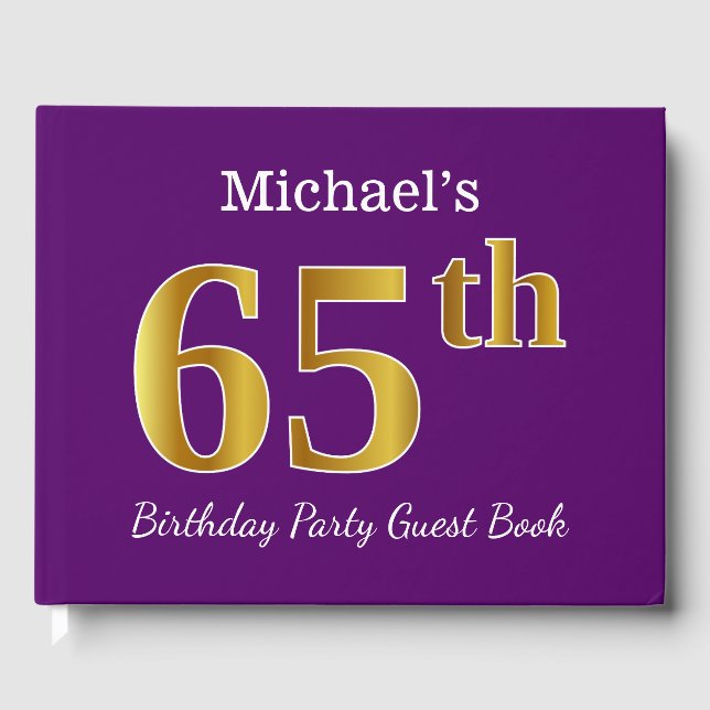 Purple, Faux Gold 65th Birthday Party; Custom Name Guest Book (Front)
