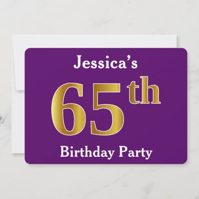 Purple, Faux Gold 65th Birthday Party; Custom Name Invitation (Front)