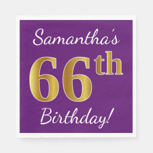 Purple, Faux Gold 66th Birthday + Custom Name Napkin