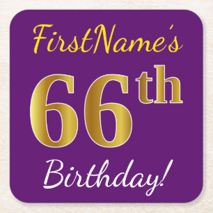 Purple, Faux Gold 66th Birthday + Custom Name Square Paper Coaster