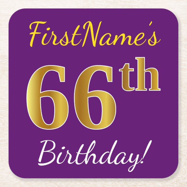 Purple, Faux Gold 66th Birthday + Custom Name Square Paper Coaster (Front)