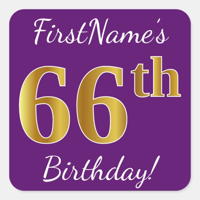 Purple, Faux Gold 66th Birthday + Custom Name Square Sticker (Front)