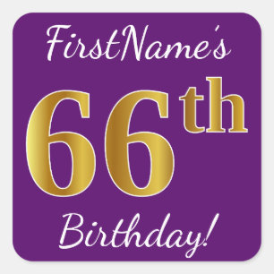 Purple, Faux Gold 66th Birthday + Custom Name Square Sticker