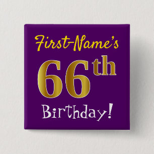 Purple, Faux Gold 66th Birthday, With Custom Name 2 Inch Square Button