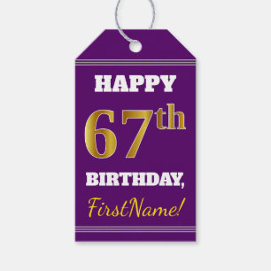 Purple, Faux Gold 67th Birthday + Custom Name Gift Tags