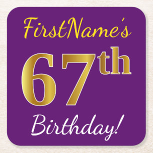 Purple, Faux Gold 67th Birthday + Custom Name Square Paper Coaster