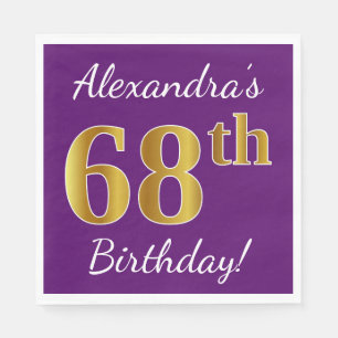 Purple, Faux Gold 68th Birthday + Custom Name Napkin