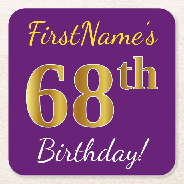 Purple, Faux Gold 68th Birthday + Custom Name Square Paper Coaster (Front)