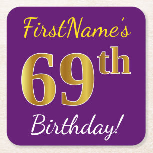 Purple, Faux Gold 69th Birthday + Custom Name Square Paper Coaster