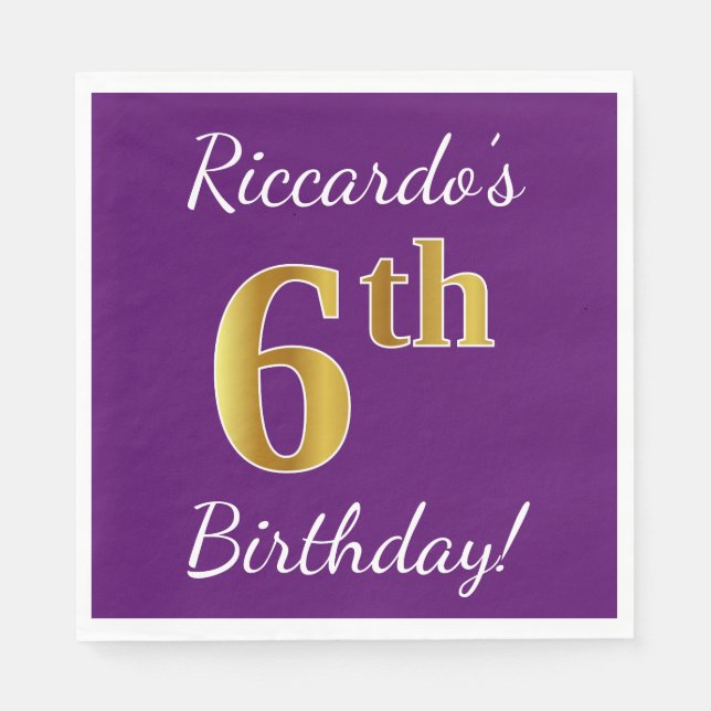 Purple, Faux Gold 6th Birthday + Custom Name Napkin (Front)