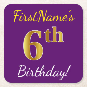 Purple, Faux Gold 6th Birthday + Custom Name Square Paper Coaster