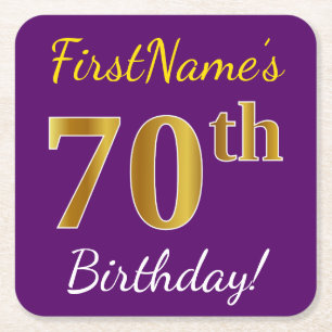 Purple, Faux Gold 70th Birthday + Custom Name Square Paper Coaster