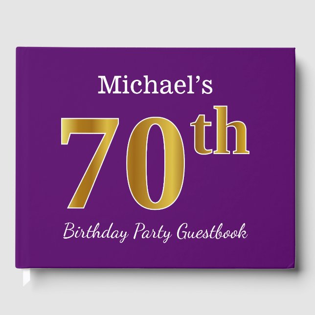 Purple, Faux Gold 70th Birthday Party; Custom Name Guest Book (Front)