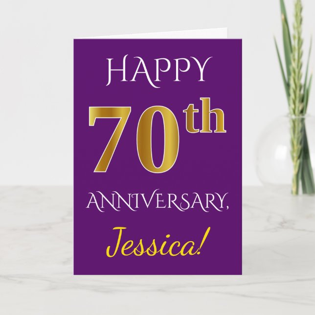 Purple, Faux Gold 70th Wedding Anniversary + Name Card (Front)