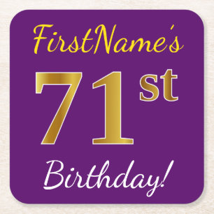 Purple, Faux Gold 71st Birthday + Custom Name Square Paper Coaster