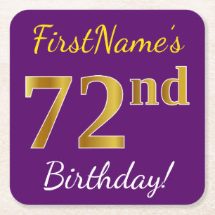 Purple, Faux Gold 72nd Birthday + Custom Name Square Paper Coaster