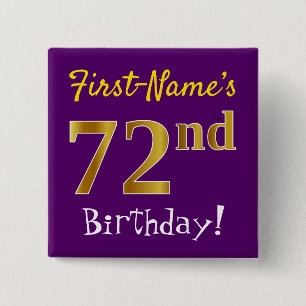 Purple, Faux Gold 72nd Birthday, With Custom Name 2 Inch Square Button