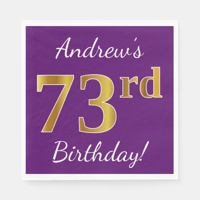 Purple, Faux Gold 73rd Birthday + Custom Name Napkin (Front)