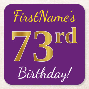 Purple, Faux Gold 73rd Birthday + Custom Name Square Paper Coaster