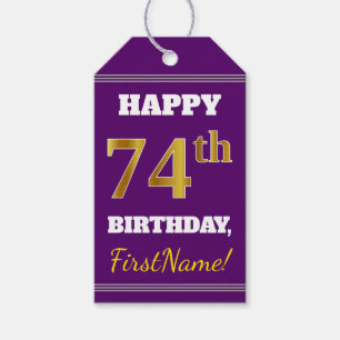 Purple, Faux Gold 74th Birthday + Custom Name Gift Tags