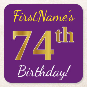 Purple, Faux Gold 74th Birthday + Custom Name Square Paper Coaster