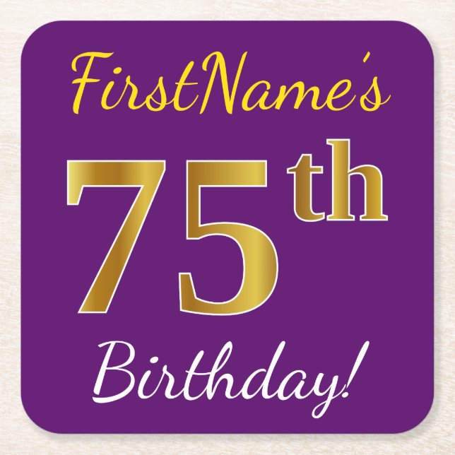 Purple, Faux Gold 75th Birthday + Custom Name Square Paper Coaster (Front)