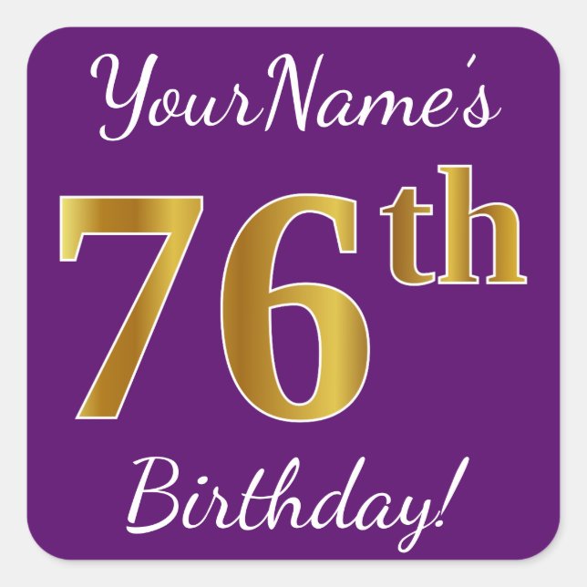 Purple, Faux Gold 76th Birthday + Custom Name Square Sticker (Front)